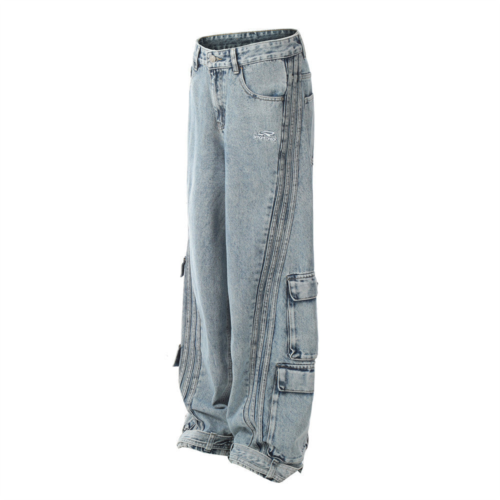 Stitching Irregular Multi-pocket Baggy Straight Trousers