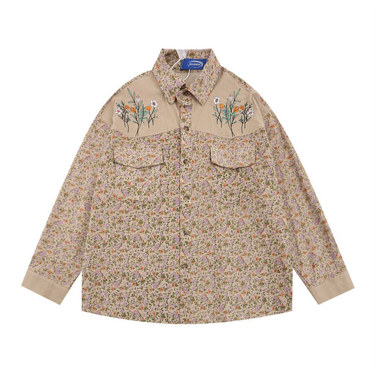 Floral Shirt Uni-Sex Loose Casual Long Sleeves Cardigan Stitching Embroidered Lapel Coat