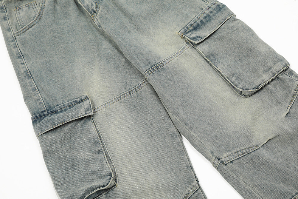 Punk Old Wash Denim Cargo Pants Trousers