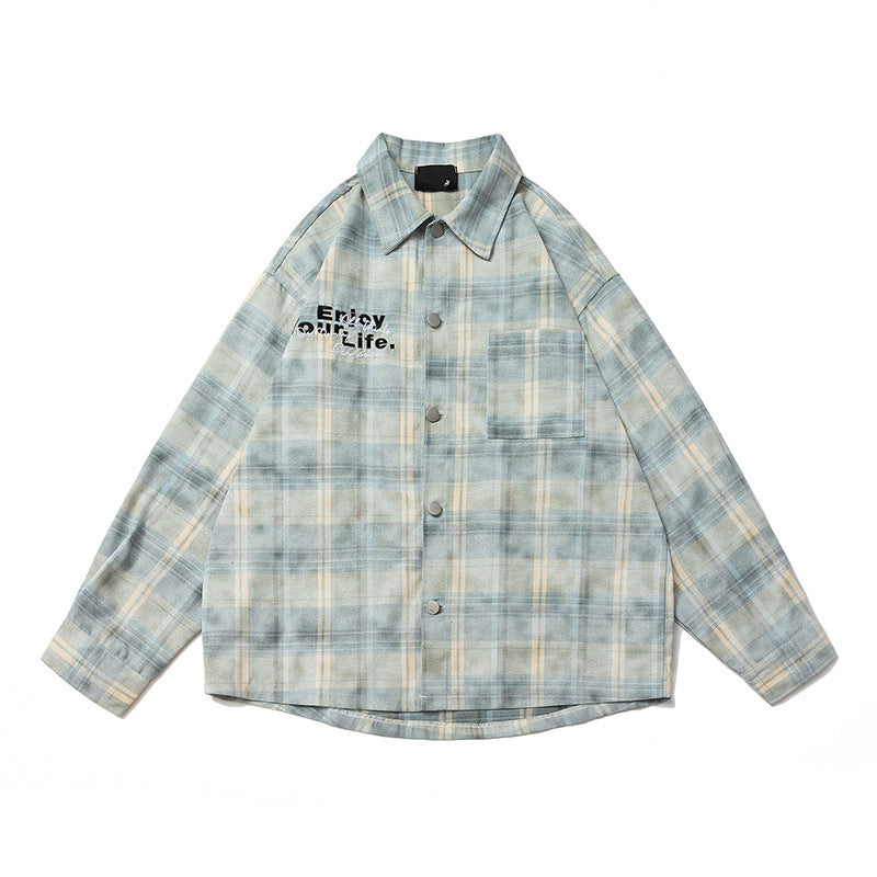 Retro Alphabet Embroidered Plaid Long-sleeved Shirt