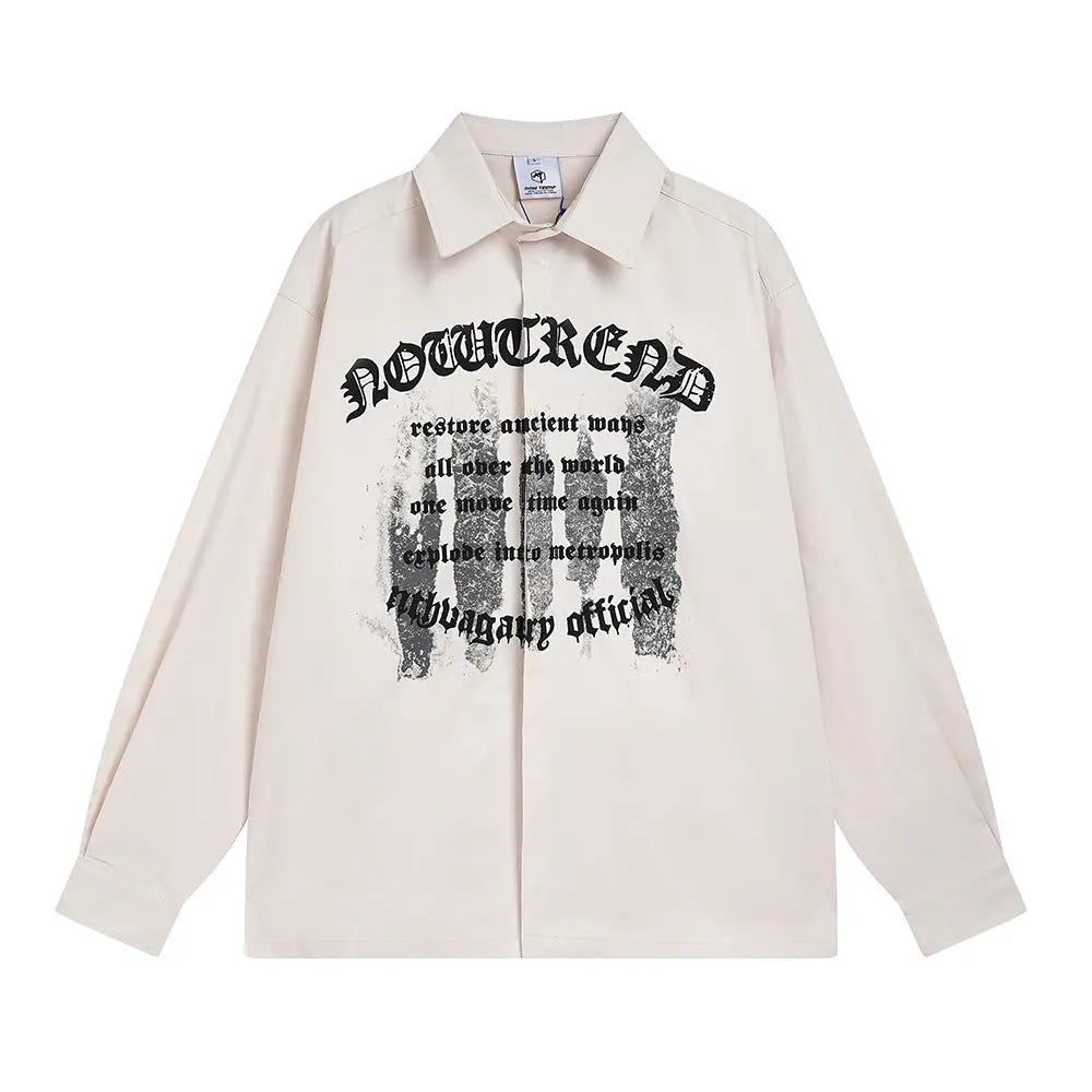 Dark Letter Printed Long-sleeved Shirt Spring And Autumn Casual Polo Collar Coat Japanese Loose