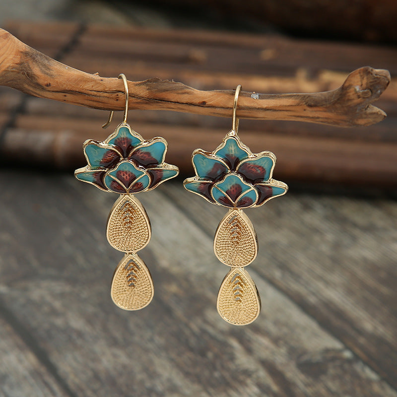 Elegant Lotus Water Drop Women's Vintage Silk Burnt Blue Earrings