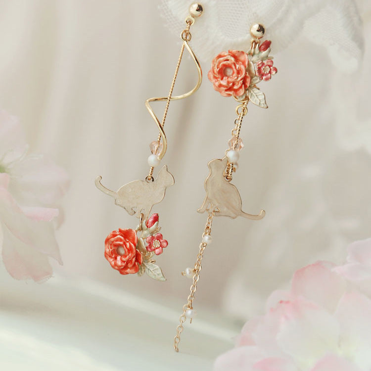 Cherry Blossom Girl Heart Asymmetry Super Fairy Slimming Sweet Earrings