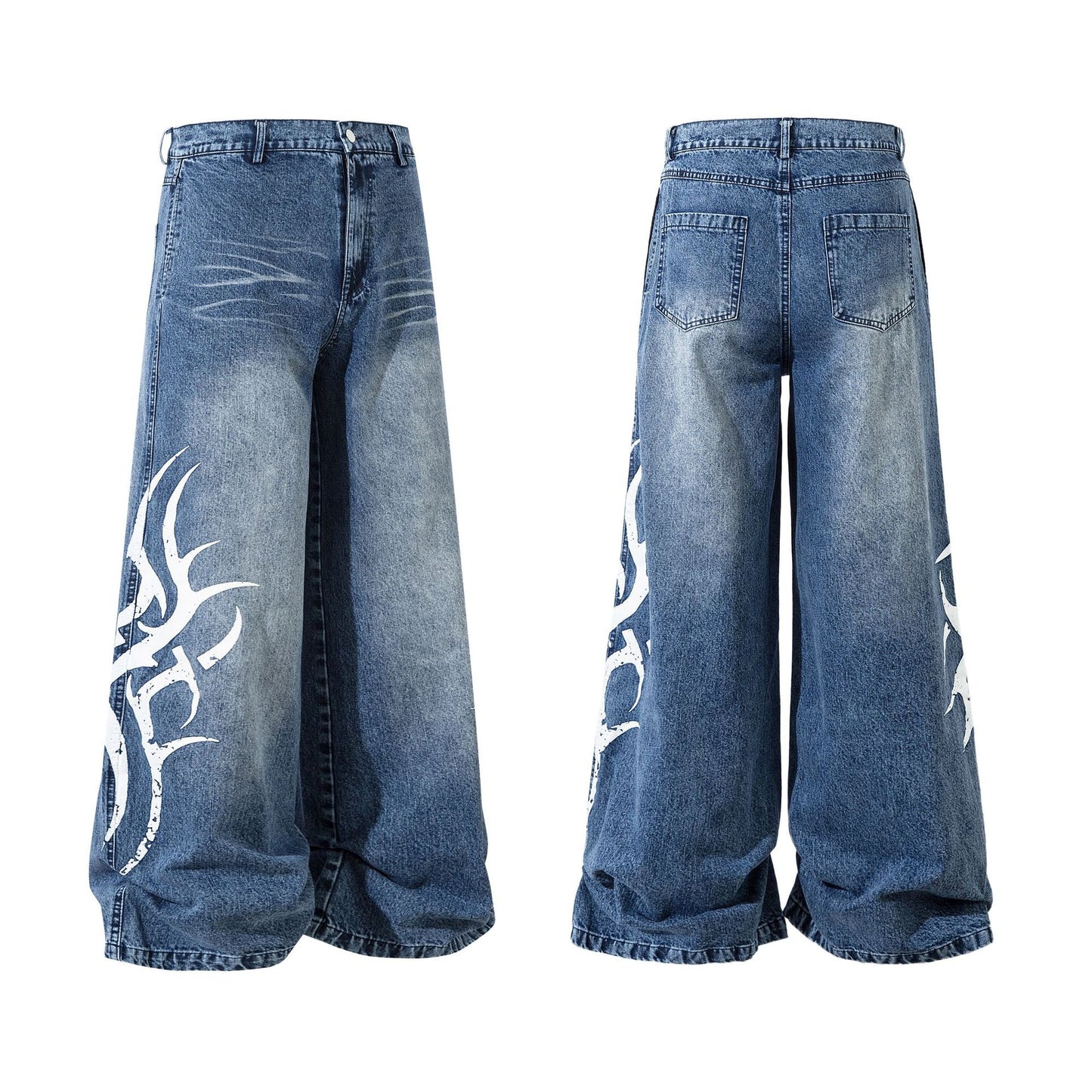 American-style High Street Fashionable Thorn Printed Washed Jeans