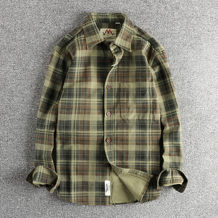 Thick Texture Washed Fashionable Plaid Long-sleeved Shirt For Men