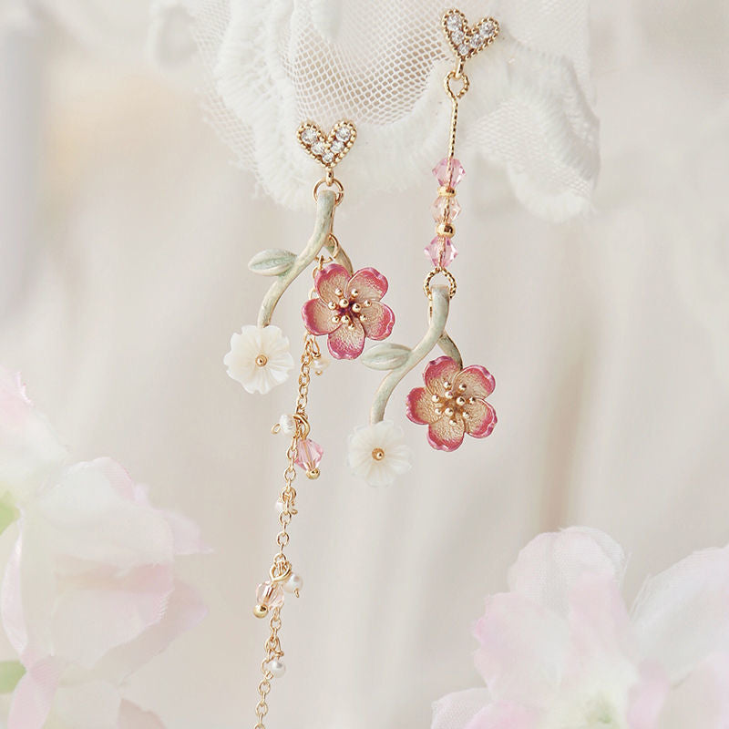 Cherry Blossom Girl Heart Asymmetry Super Fairy Slimming Sweet Earrings