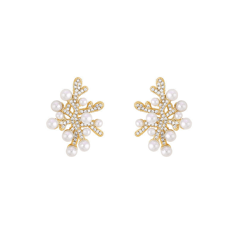 Sterling Silver Needle Coral Pearl Zircon Light Luxury Temperament Female Earrings