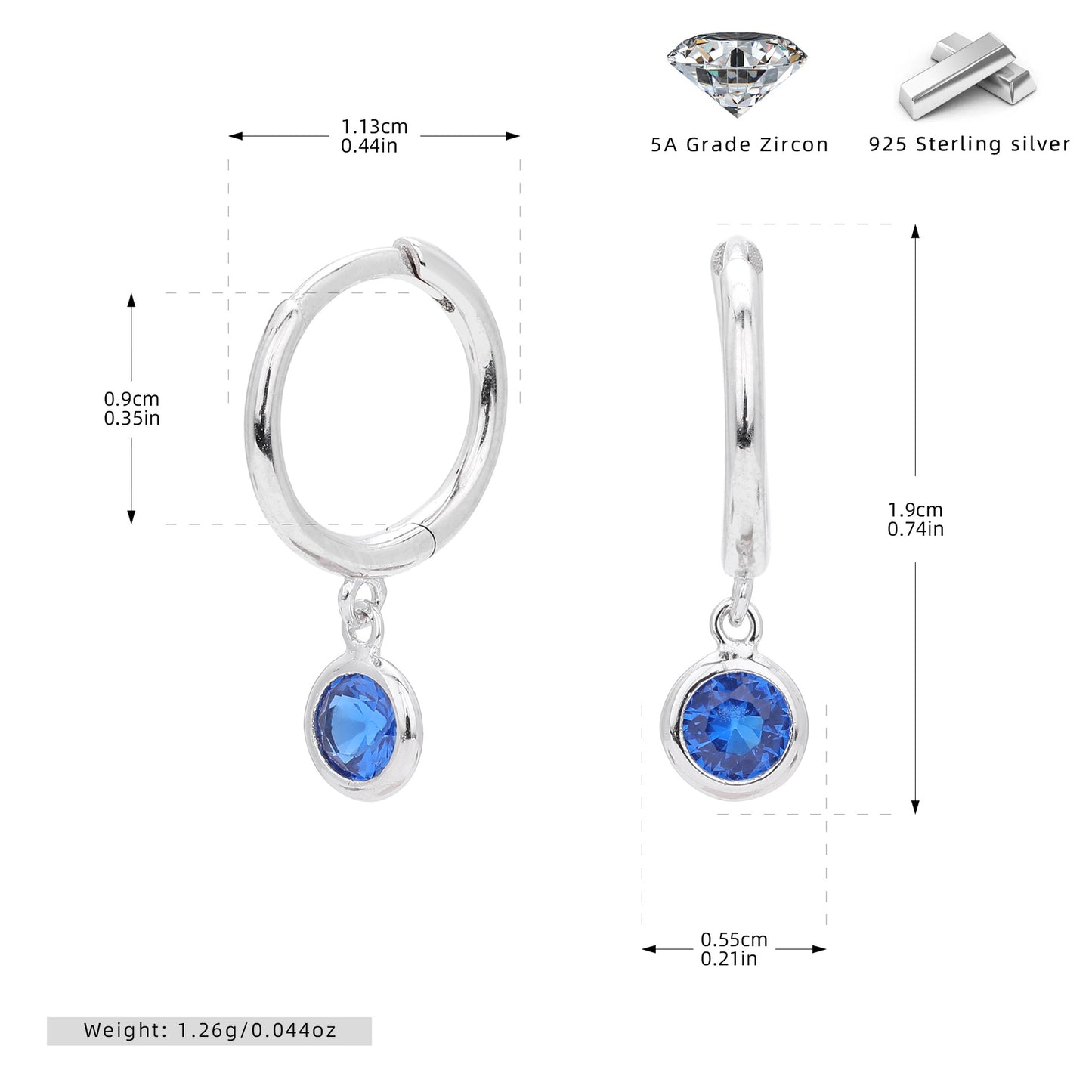 S925 Sterling Silver Twelve Birthstone Simple Round Colored Gems Earrings