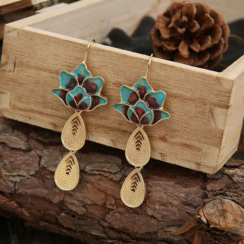 Elegant Lotus Water Drop Women's Vintage Silk Burnt Blue Earrings