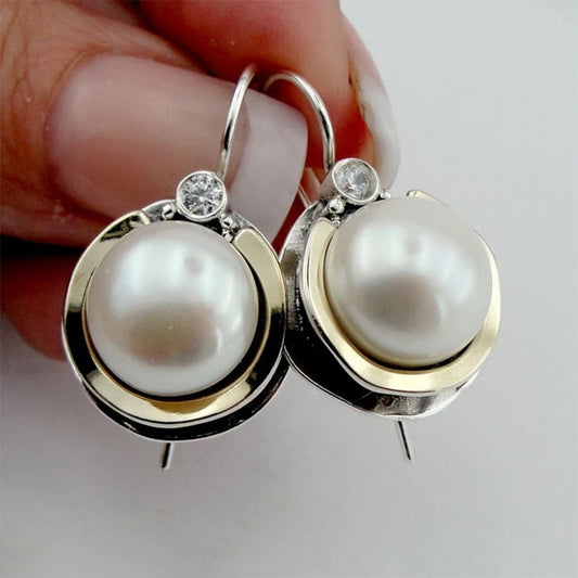 Elegant Round Alloy White Pearl Earrings