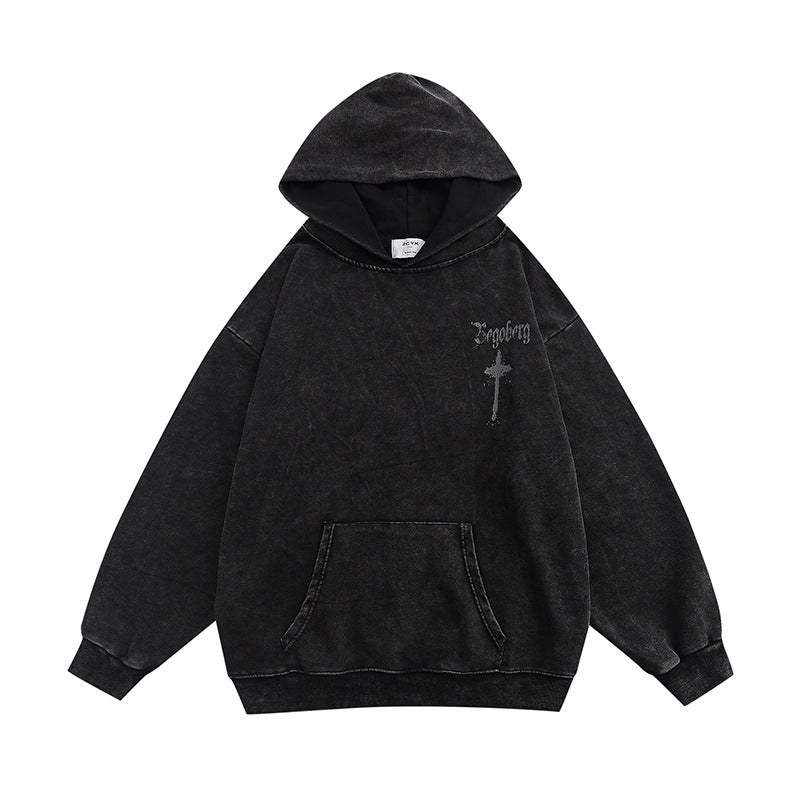 Washed-out Graffiti Cross Printed Hoodie