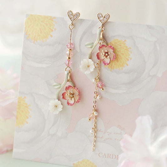 Cherry Blossom Girl Heart Asymmetry Super Fairy Slimming Sweet Earrings