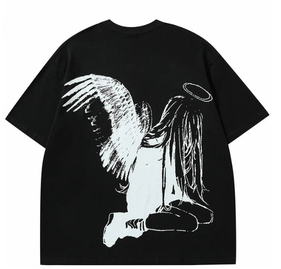 Hip Hop Men's Cartoon Angel Wings Printed T-shirt