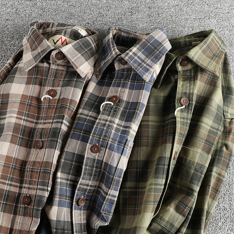 Thick Texture Washed Fashionable Plaid Long-sleeved Shirt For Men