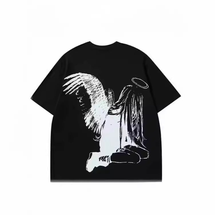 Hip Hop Men's Cartoon Angel Wings Printed T-shirt