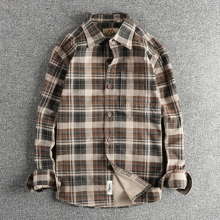 Thick Texture Washed Fashionable Plaid Long-sleeved Shirt For Men