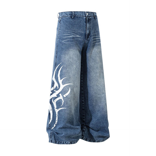 American-style High Street Fashionable Thorn Printed Washed Jeans