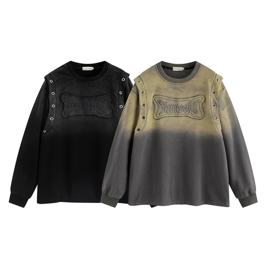 High Street Washed Distressed Affixed Cloth Embroidered Niche Design Round Neck Sweater