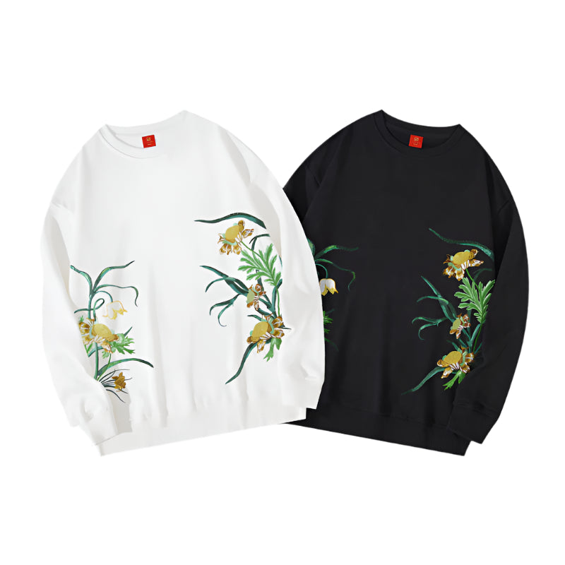 Flower Embroidery Pattern Design Tassel Round Neck Loose Long Sleeves Sweater