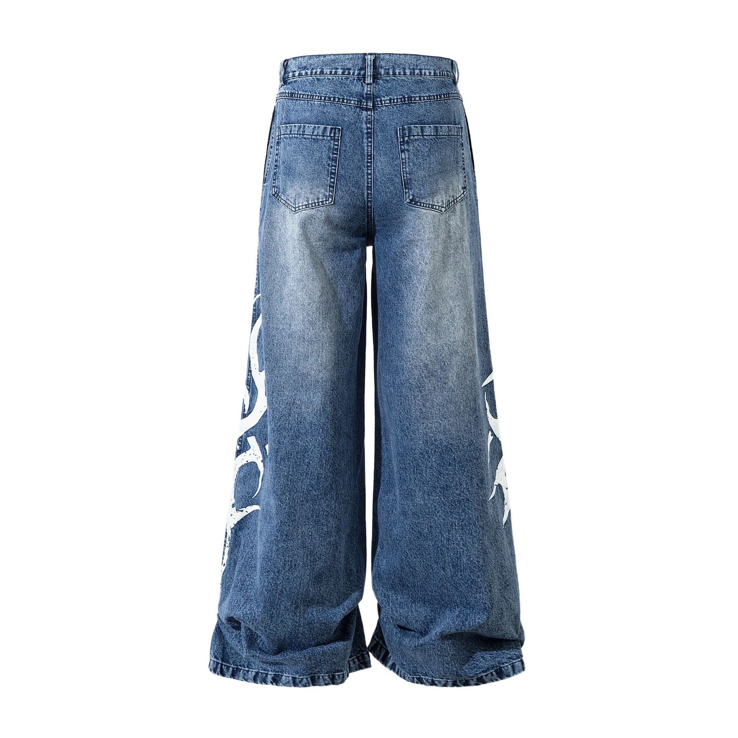 American-style High Street Fashionable Thorn Printed Washed Jeans