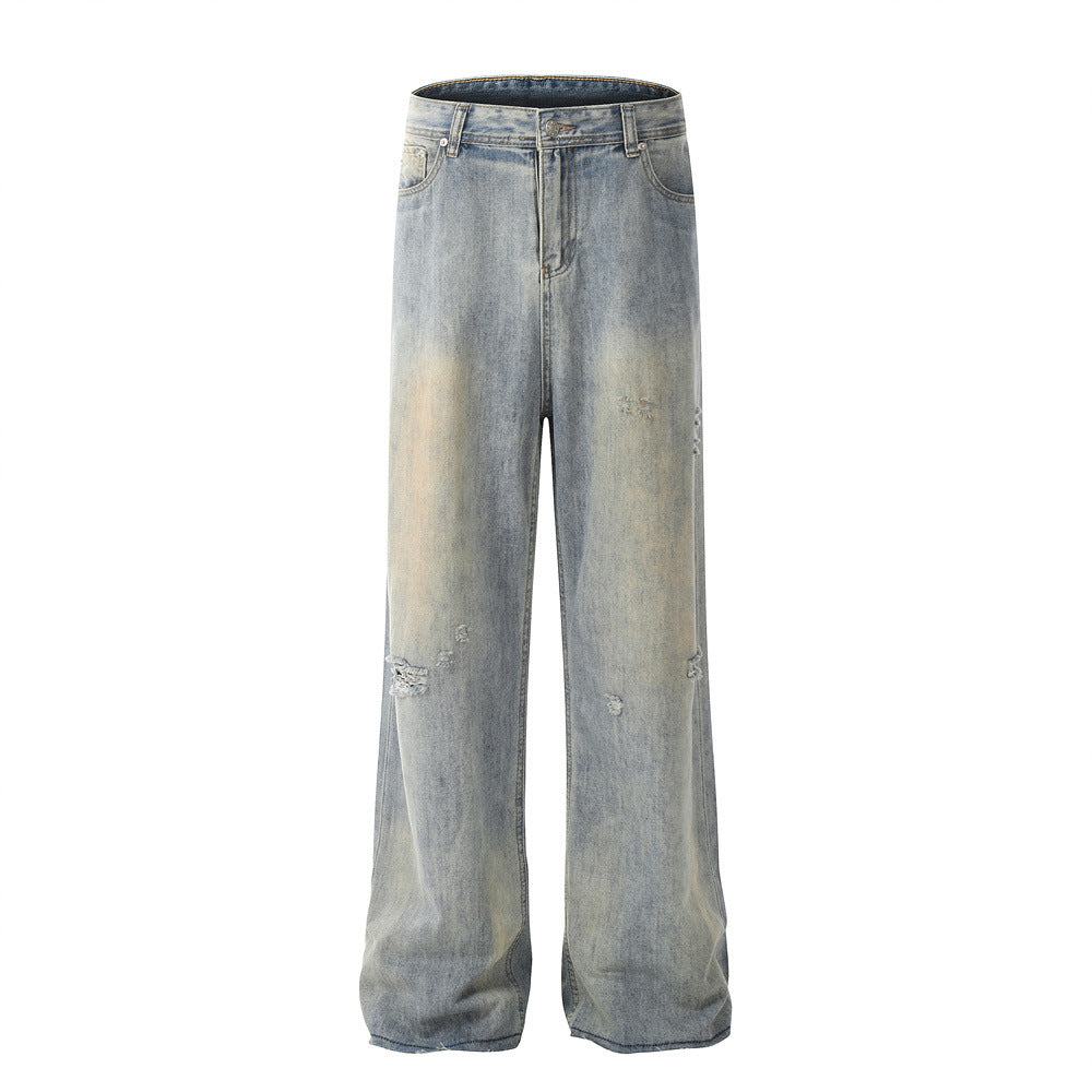 Waste Soil Raw Edge Denim Trousers For Men