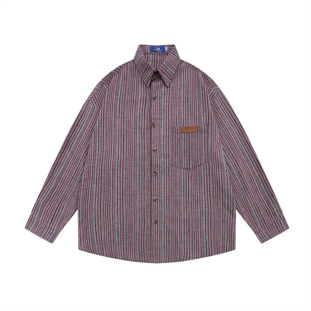 Retro Fine Plaid Striped Long Sleeve Shirt Loose Casual Japanese Workwear Tops