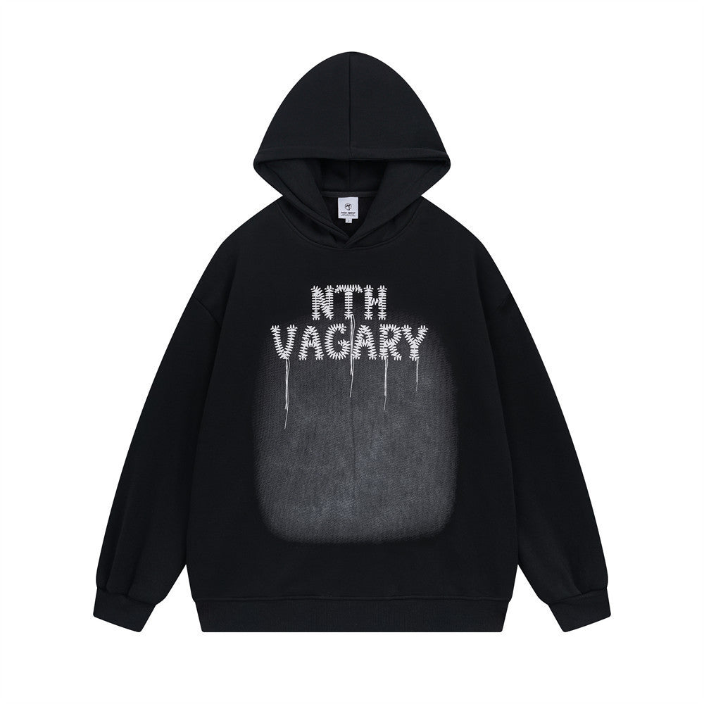 Chain Embroidery Letters Velvet Padded Hooded Sweatshirt