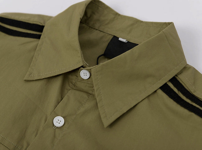 Striped Army Green Short Sleeve Shirt