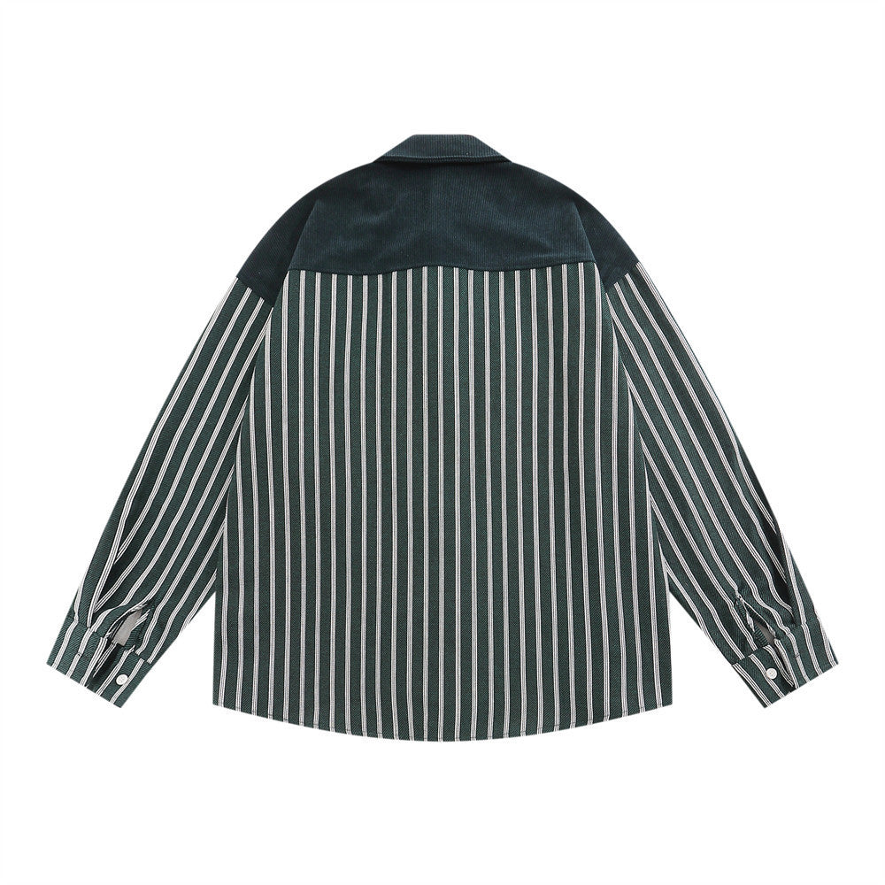 Vertical Stripes Stitching Long-sleeved Shirt Contrast Color Pocket Casual Loose Lapels Top