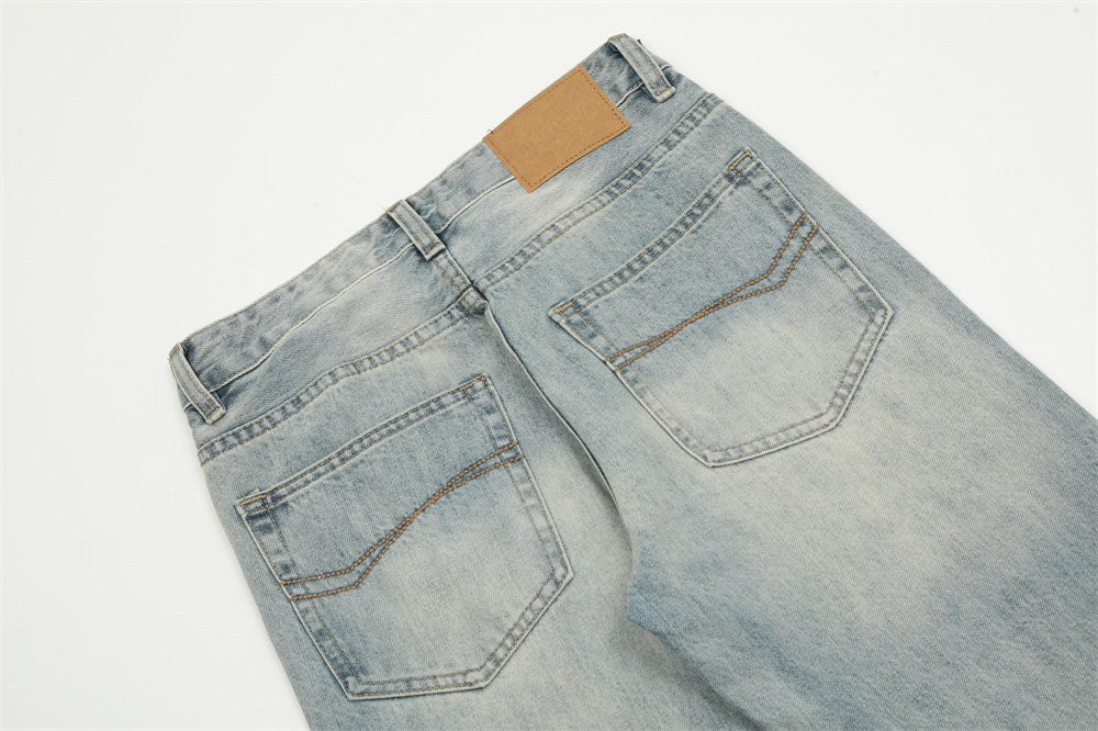 Pure Color Washed Distressed Straight Jeans