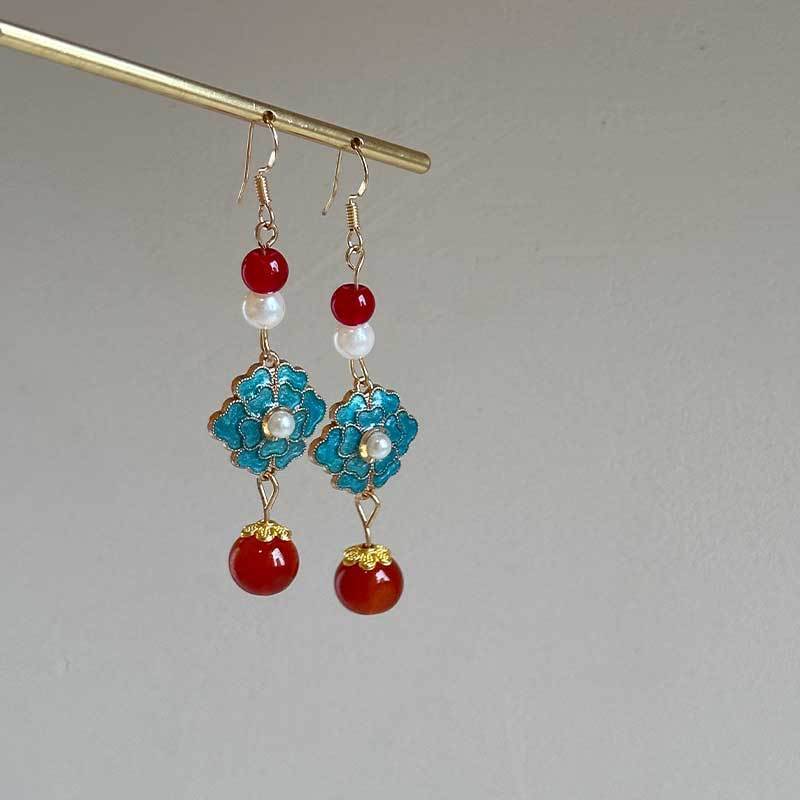 Ancient-style Earrings With Retro Enamel, Classical Chinese Pearls, And Red For The New Year. New Chinese-style Hanfu Earrings For The Spring Festival For Women