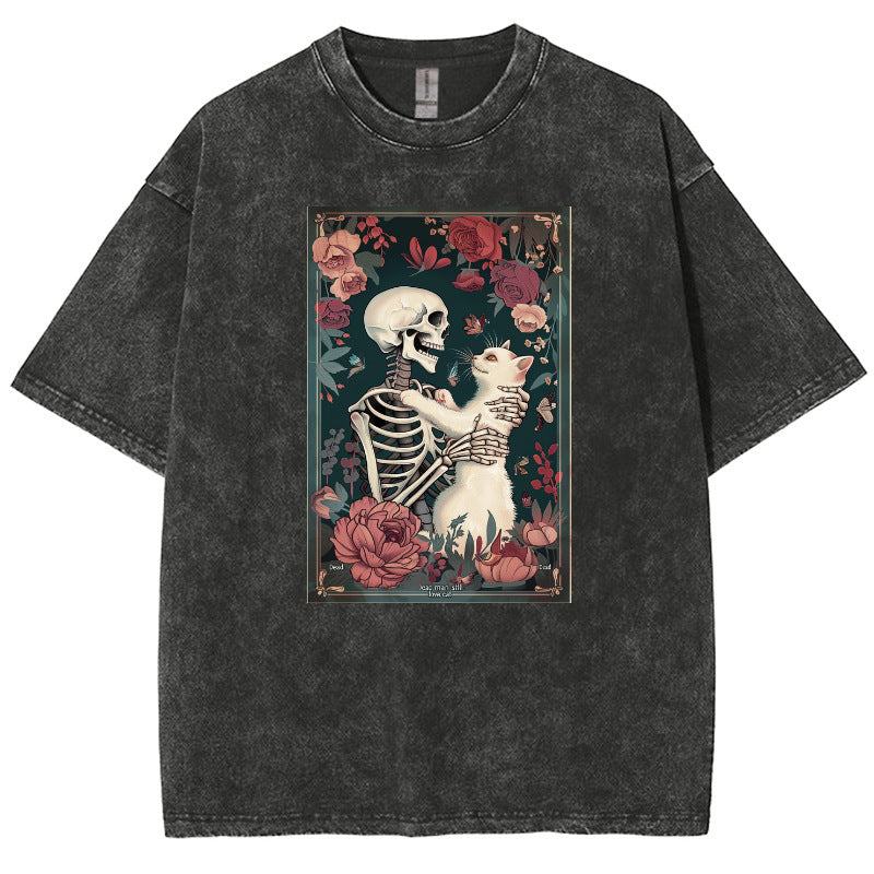 Skull Pattern Cat Print T-shirt