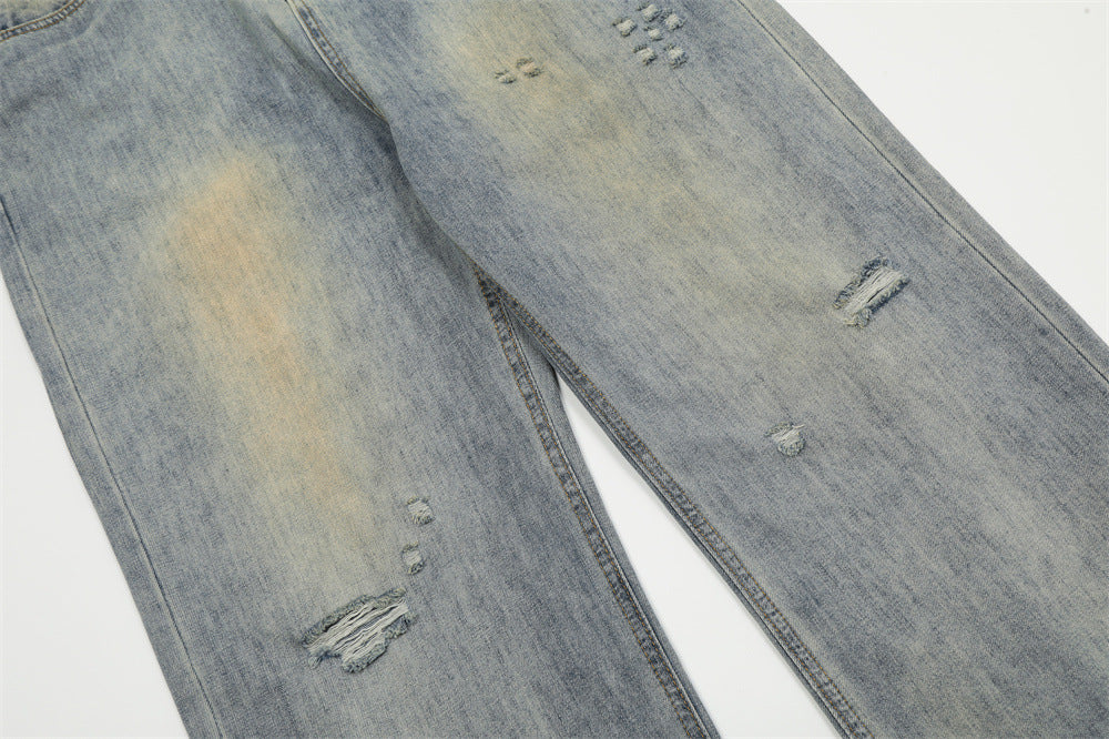 Waste Soil Raw Edge Denim Trousers For Men