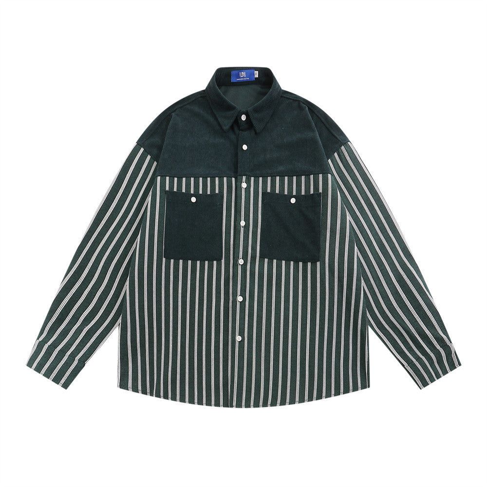 Vertical Stripes Stitching Long-sleeved Shirt Contrast Color Pocket Casual Loose Lapels Top