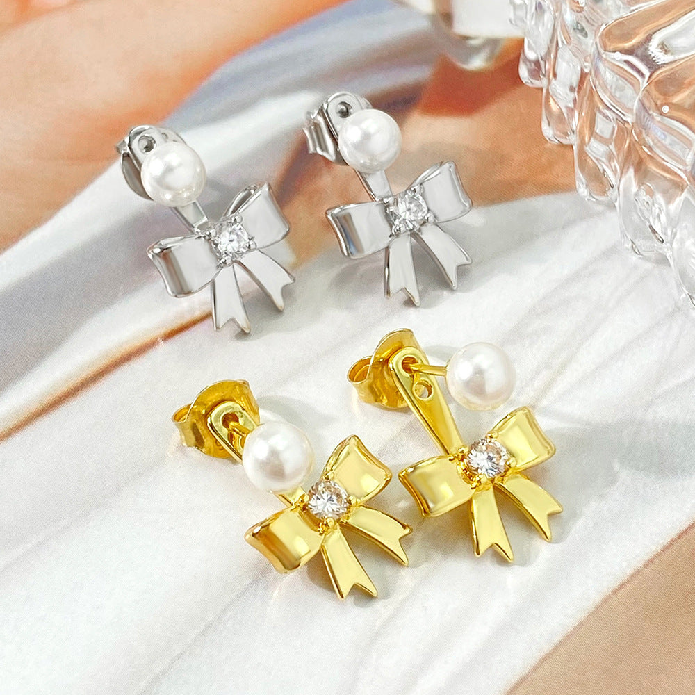 Women's Bow Pearl Stud Earrings