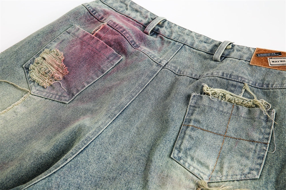 Ripped Washed Spray Color Denim Shorts For Men Summer Loose Straight Street Fashion