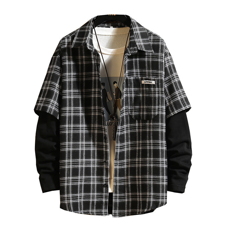 Older Children's Long-sleeved Shirt Boys Junior High School Students Fake Two Plaid Shirts