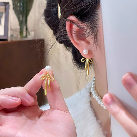 Special-interest Design Golden Bow Tassel Pearl Earrings