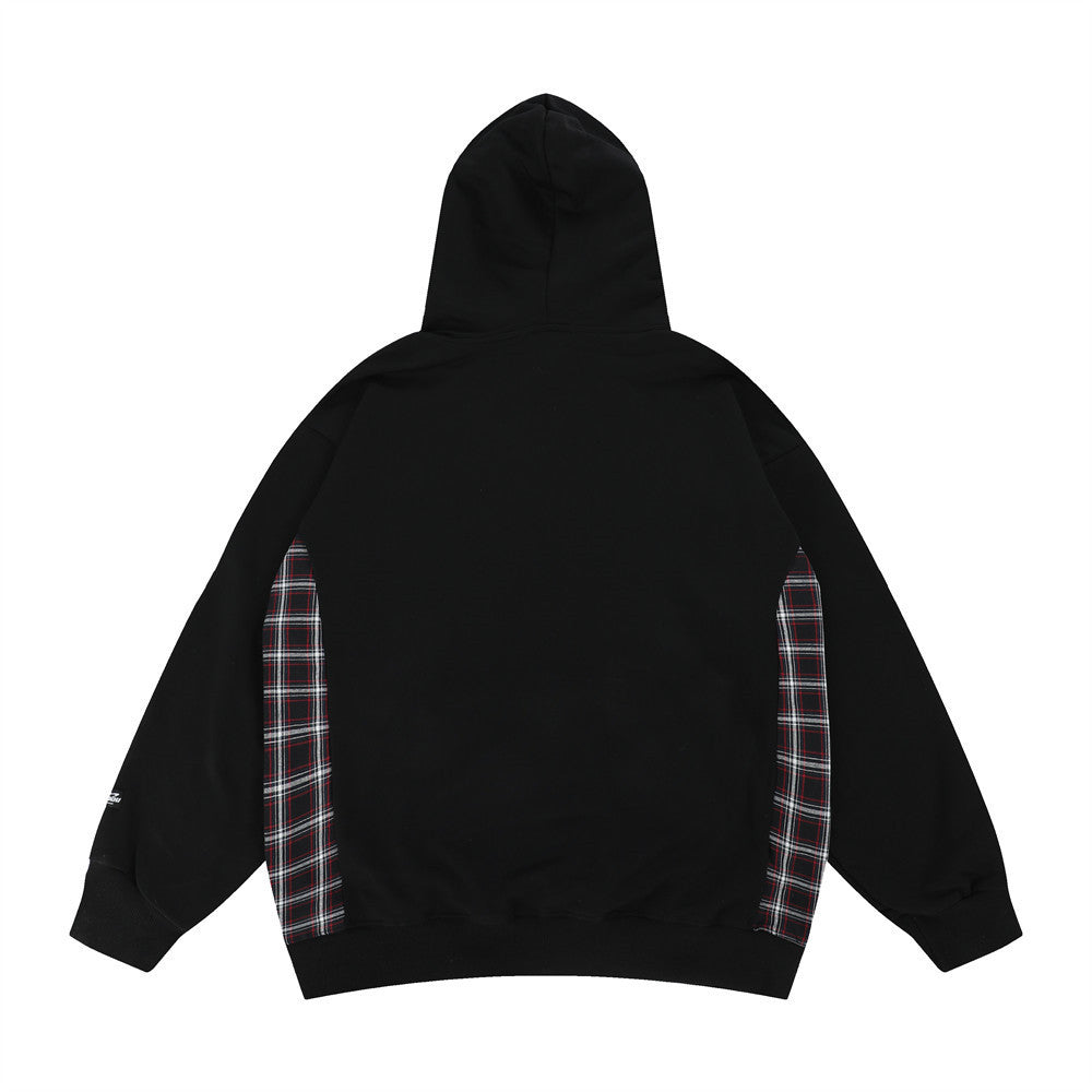 Men's Patchwork Plaid Ripped Hoodie Sweater