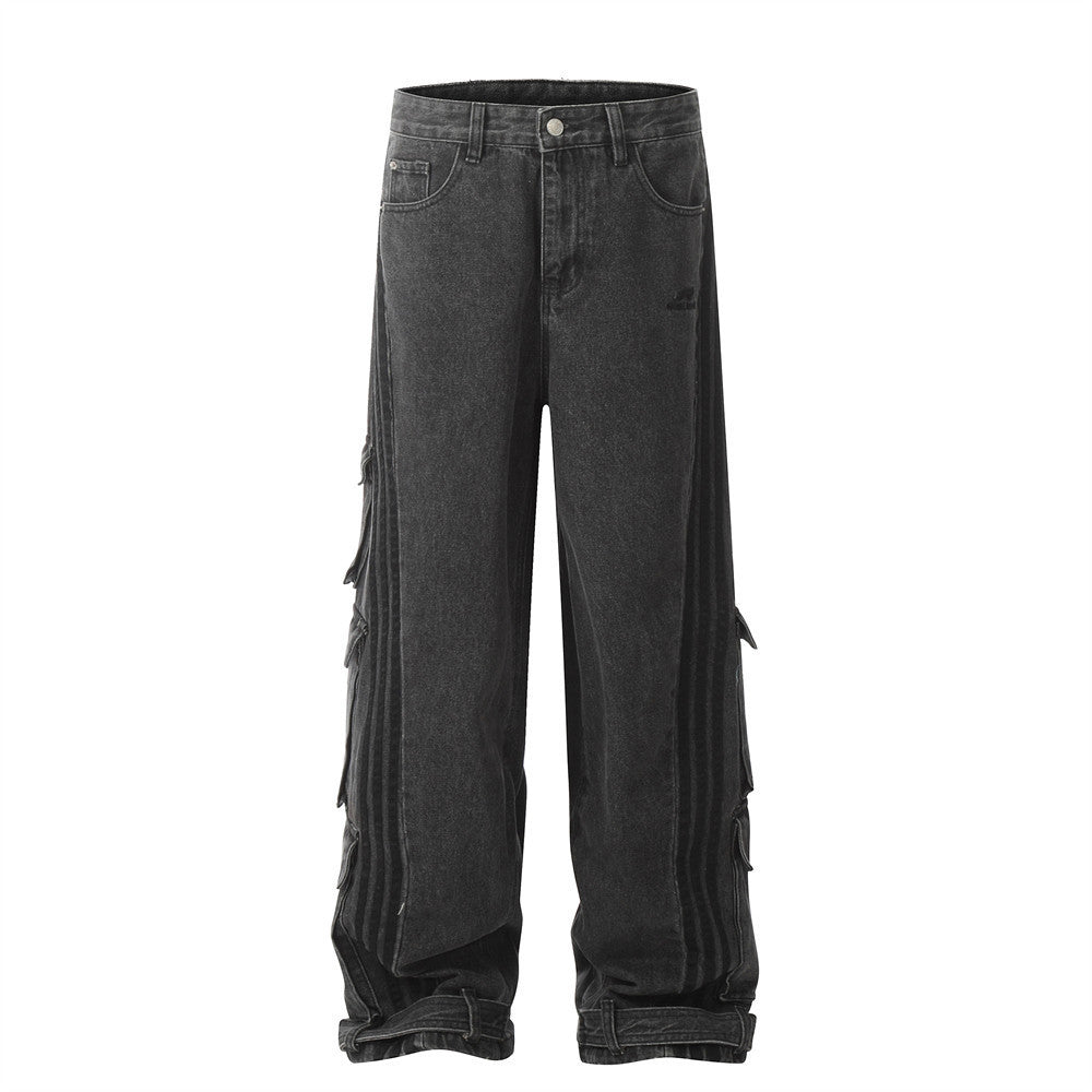 Design Multi-pocket Jeans Stripes Baggy Straight Trousers