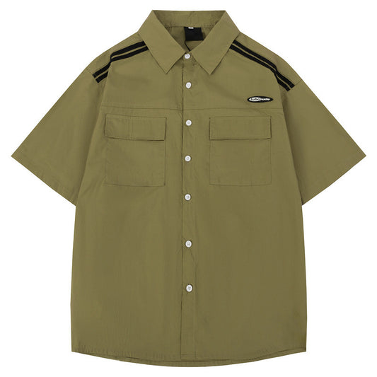 Striped Army Green Short Sleeve Shirt