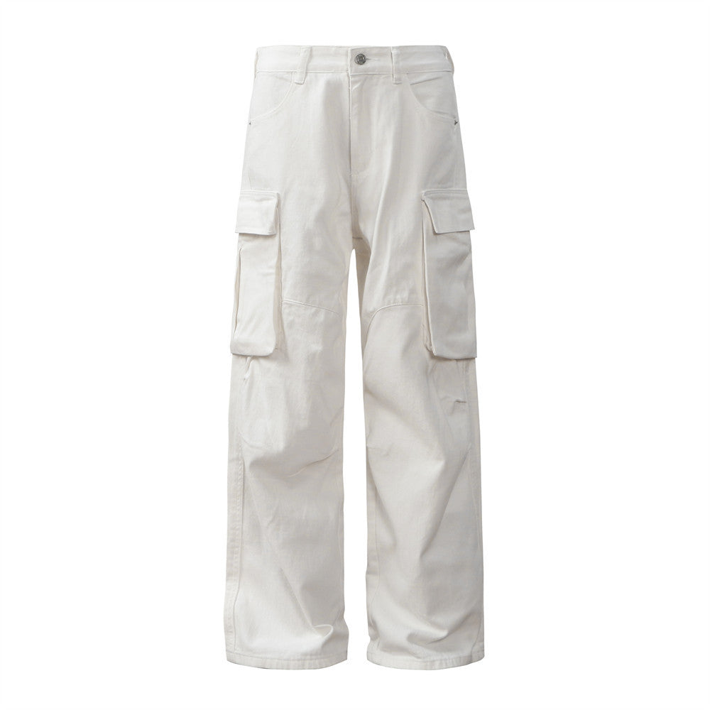 Men's Pleated Solid Color Loose Multi-pocket Workwear Trousers